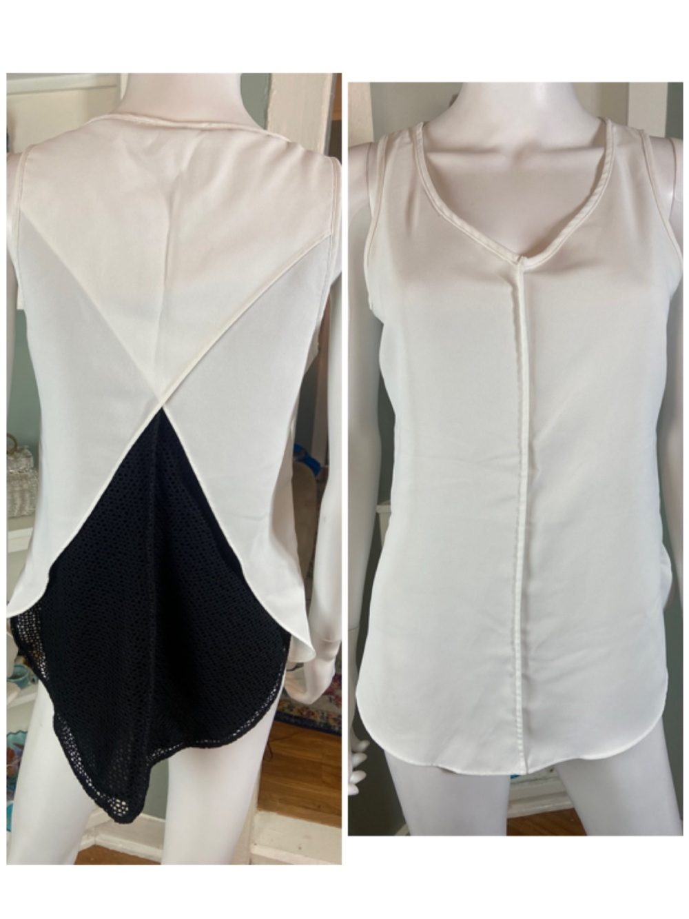 CAbi 3076 Domino Sleeveless Shirt White Tank Top Blouse Black Mesh Back Panel XS